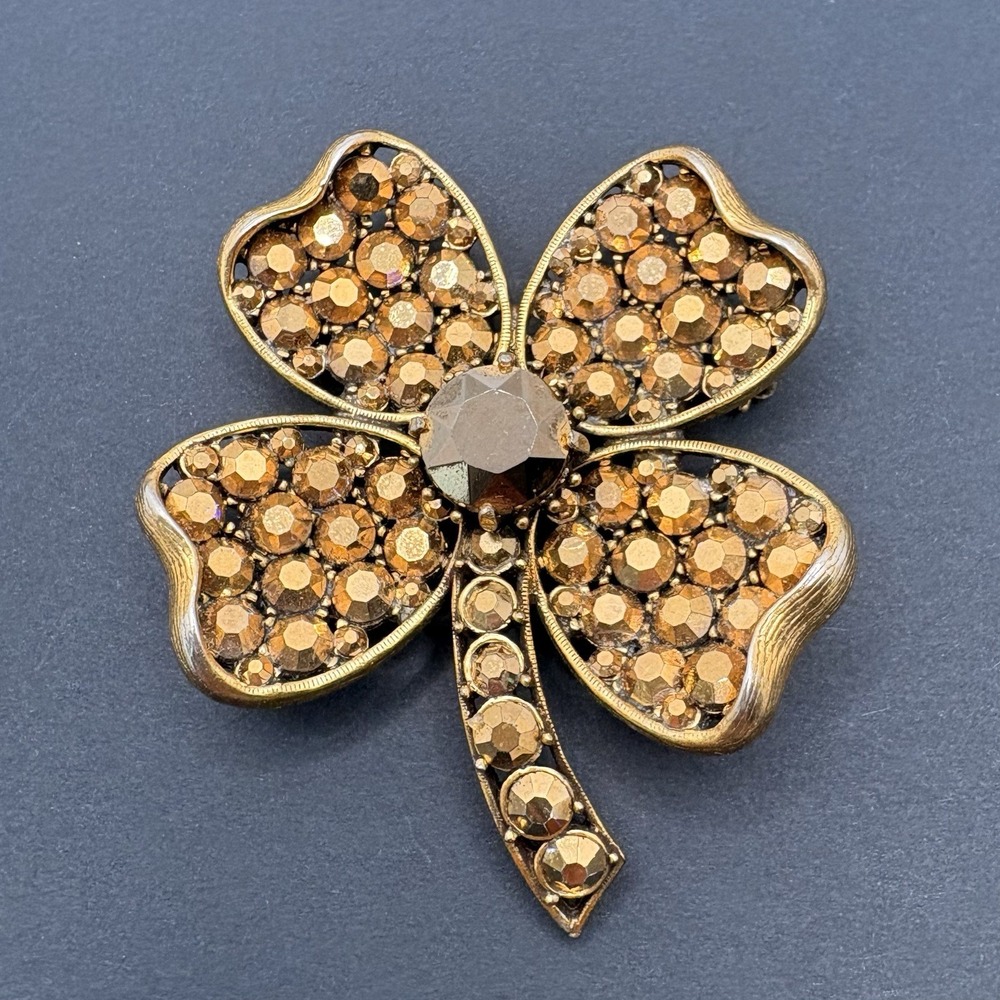 Vintage Weiss Four Leaf Clover Brooch Shamrock Lucky Rhinestone Gold Tone